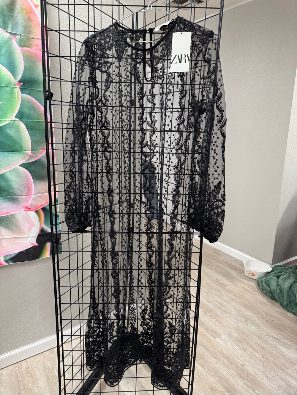 Zara Black Sheer Embroidered Lace Maxi Dress Pit 19”, L 50” NWT